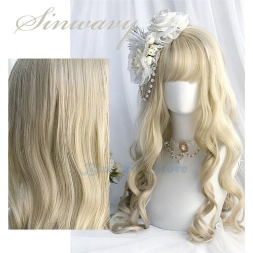 Golden Blonde Lolita Wig Harajuku Fairy Cosplay Bangs Curly Long Sweet Fringe Adult Girls Synthetic Hair