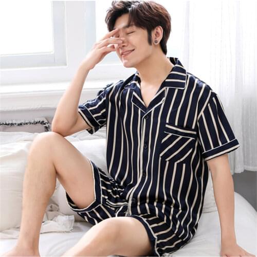 Summer Short Sleeved Men Pyjamas Imitate Silk Polyester Men Pajama Sets Satin Strip Pajama Man Sleepwear Pajamas Nightgown 3XL