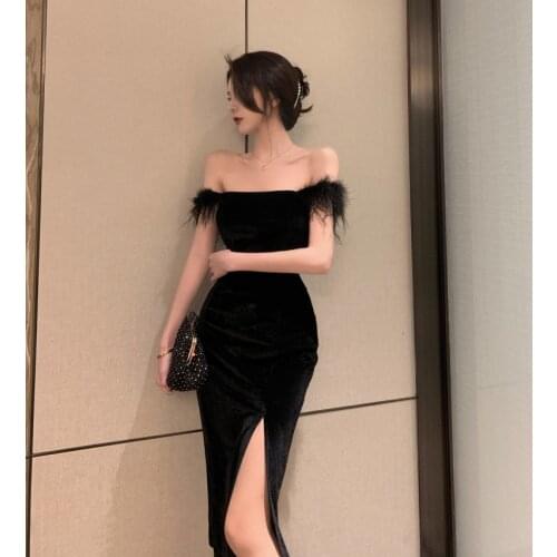 Dresses for Women Party One Word Sexy Feather Velvet Irregular Bag Hip Slit Sling Dress Summer Dress Knee-length Black Dress
