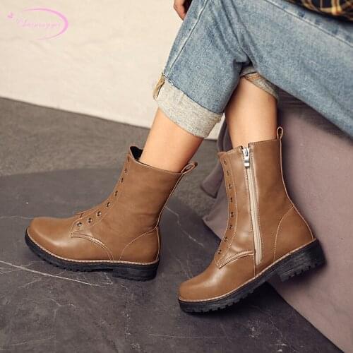 Casual style comfortable round toe ankle boots zipper black brown yellow medium heel thick motorcycle boots womens shoes