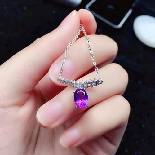 Simple 925 Silver Gemstone Necklace for Daily Wear 6mm*8mm Natural Anethyst Necklace Solid 925 Silver Amethyst Jewelry