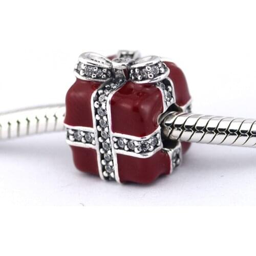 Clear CZ & Red Enamel Gift Box Design Charm Beads for Silver 925 Original Chain Bracelets DIY Silver Beads for Jewelry Making