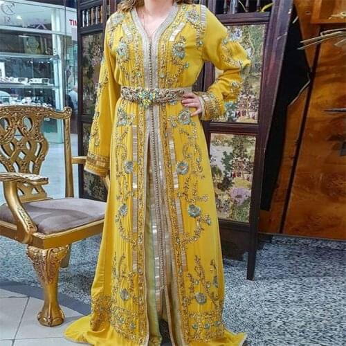 Luxury Embroidered Moroccan Kaftan Evening Dresses Yellow Beaded Long Sleeves Arabic Muslim Prom Dress Formal Gown Custom Made