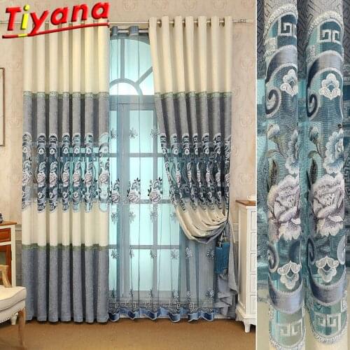 Luxury Embroidered Hollow out Curtains for Living Room Stitching Grey Tulle Window Drapes Semi Blackout Curtains for Villa-30