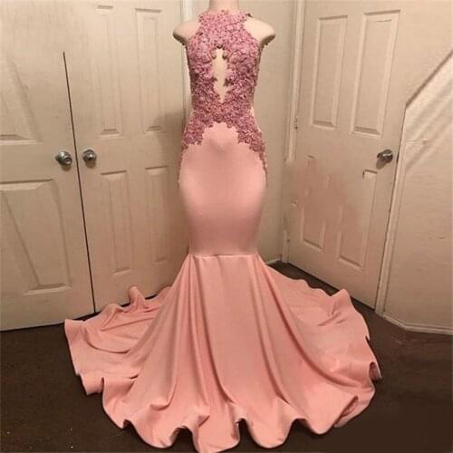 Halter Neck Sleeveless Robe De Soiree Party Dress Abiye Peach-Pink Mermaid Prom Gowns Lace Appliques Long Prom Dress
