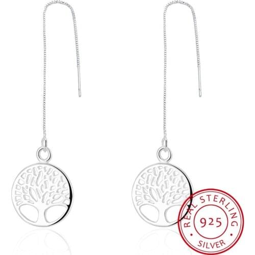 Elegant Fashion 925 Sterling Silver Round Tree Of Life Drop Earrings Box Chain Long Tassel Earrings