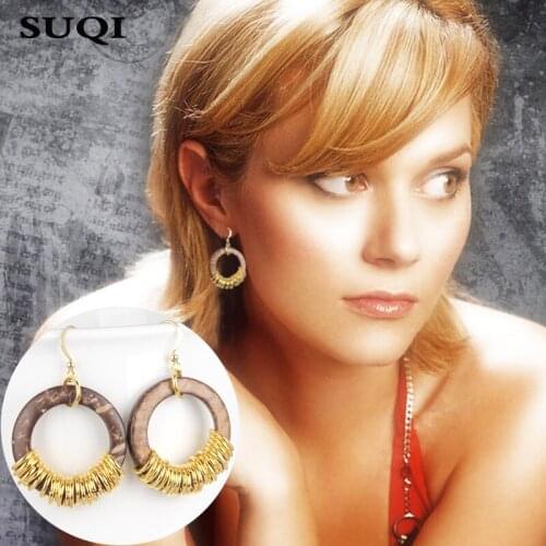 SUQI Women Stainless Steel personality Coconut shell round Earrings Ladies Girls Korean Trendy Heart Leaf Earrings Pendant Gift