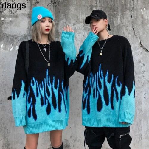 European And American Printing Flame Sweater Lovers Hip-Hop Lovers Loose Oversize Sweater Korean Sweater Men And Women Loose