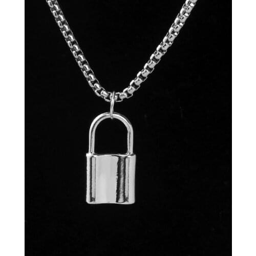 U-Magical Hiphop Lock Hollow Out Pendant Necklace for Women Unique Design Hollow Out Silver Color Metallic Necklace Jewelry