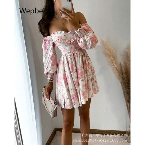 Wepbel Low Cut Streetwear High Waist Dress Off-Neck Women Dress Summer Vacation Casual Printed Dresses Long Sleeve Slim Fits
