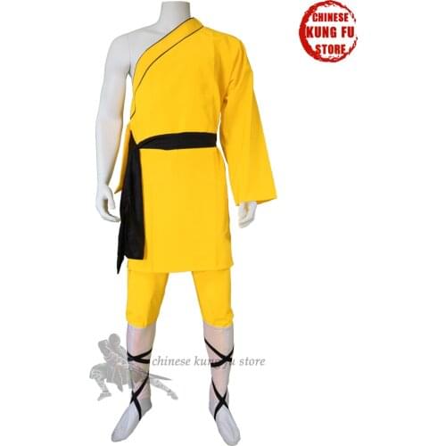 Yellow Polyester Shaolin Uniform One Sleeve Style Popular for Performance Competition Full Sizes for Kids Adults