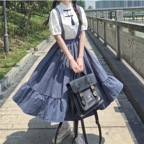 Women Spring Summer Japanese Kawaii Lolita Skirt Teens Soft Girl Blue Beauty Students School Suspender Skirts Goth Skirt