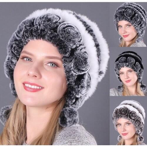 2020 New Fashion Women Luxury Pom pom Ball Knit genuine natural REX rabbit fur hat cap headgear Winter warm skullies Cap