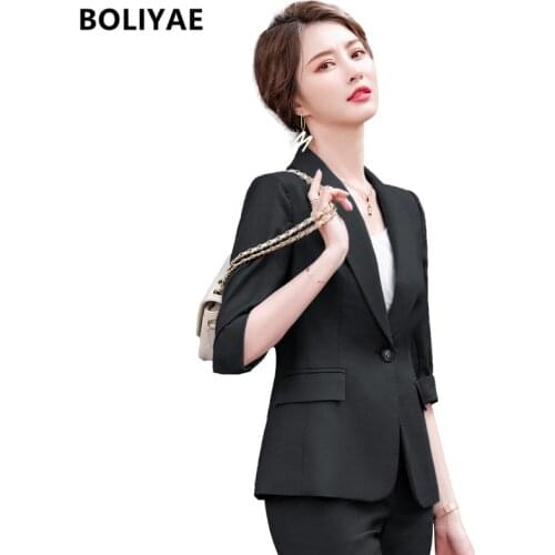 Boliyae Womens Trouser Suits Jackets Spring Summer 2021 Female Fashion Half Sleeve Blazers and Pantsuit Office Top Work Clothes