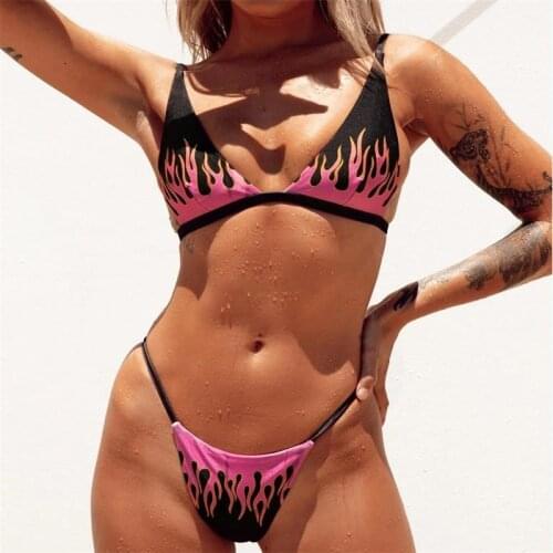 FUFUCAILLM Flame Print Bikini Set Women Summer Swimwear V-Neck Bra + High Waist Thong Two-Piece Swim Suits Summer Sportswear