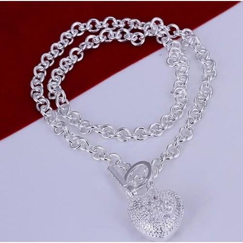 N022 Lucky Charm Silver Color Pendants For Women Sterling Jewelry Necklace Women Accessories Fashion Inlaid Heart Key Necklaces