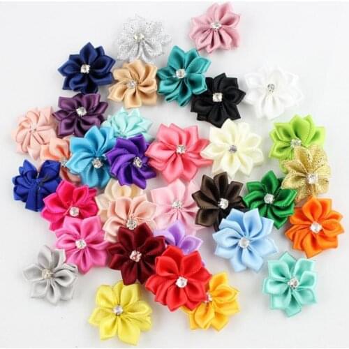 20pcs/lot Satin Ribbon Flower Rhinestone Fabric Flowers Applique Wedding Decorations