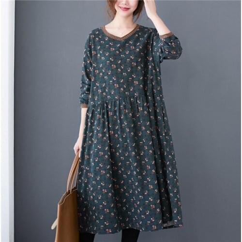 2021 Spring Cotton Linen New V-Neck Loose Floral Printed Long Vintage Robe Plus Size Dress Chinese Style Women Dresses 11997
