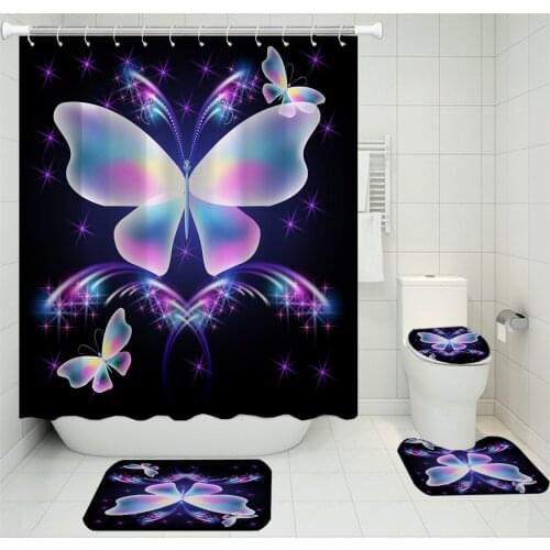 4 Pieces Butterfly Bathroom Set Colorful Flying Animal Shower Curtain Toilet Seat Home Textile 3D Print Bath Carpet Bath Curtain