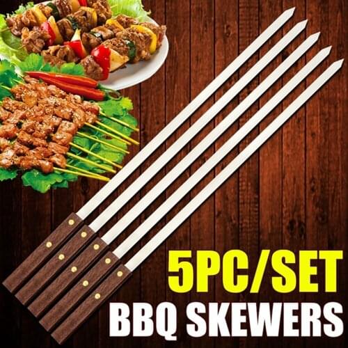 5Pcs/Set Stainless Steel Wide BBQ Skewers Long Wood Handle Barbecue Fork Stick