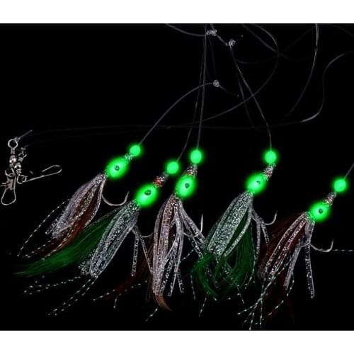 5 In 1 Luminous Sabiki Soft Fishing Lures Hook Octopus Shaped Feather Fishing String Hook During Dark Night Fishing Tackle