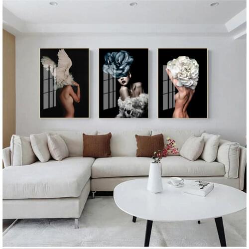 Flowers Feathers Woman Abstract Canvas Painting Wall Art Print Poster Picture Decorative Painting Living Room Home Decoration