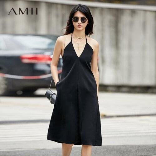 Amii Minimalism Summer Fashion Black Dress Women Streetwear Solid Vneck Slim Fit Womens Chiffon Dress Party Dress 11792677