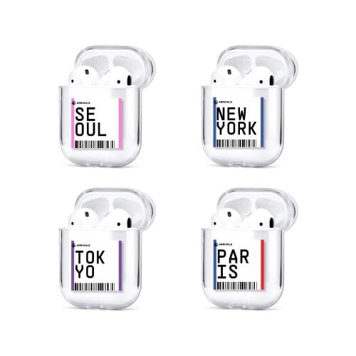 Hot Global popular tourist city label barcode case for Airpods 2 1 Bluetooth Headset New York Seoul London Tokyo Clear PC case