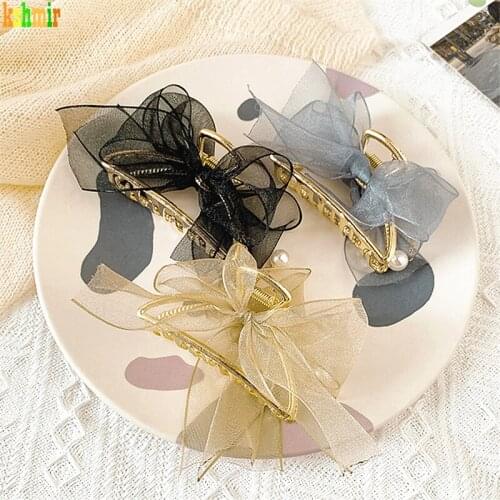 Kshmir Pearl mesh bow grab clip female back of the head grab clip tassel shark clip retro hair clip headdress 2021
