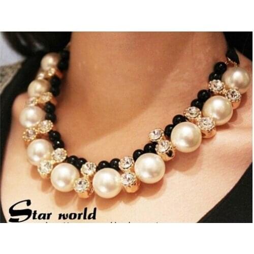 2015 ribbon lace-up Double row pearl set auger Korean jewelry adjustableJewelry fashion necklace geometry modeling metal Chain