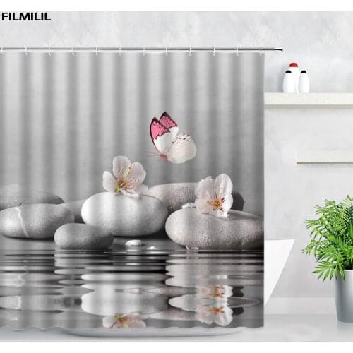 Zen Stone Blue Butterfly Shower Curtain Set Beach Creative Design Waterproof Fabric Decor Bathroom Polyester Bath Curtains Hooks