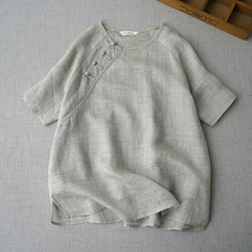 Summer new womens Ramie slant placket Raglan short sleeve shirt top light and delicate ramie Pullover small shirt 0804-5