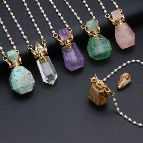 Natural Stone Amethysts Perfume Bottle Pendant Necklace Gold Color Pearl Chain Necklace Jewelry for Women Reiki Heal Vial Gifts