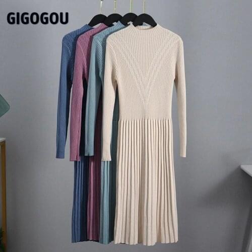 GIGOGOU Chic Long Knit Maxi Women Sweater Dress Thick Warm Winter Pleated Dress Female Rib Turtleneck A Line Dress Office Lady