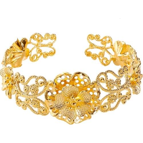 Luxury Hollow Gold Color Flower Bangles Bracelets For Women Adjusted Bridal Wedding Jewelry Pure Traditioal Style Wholesale
