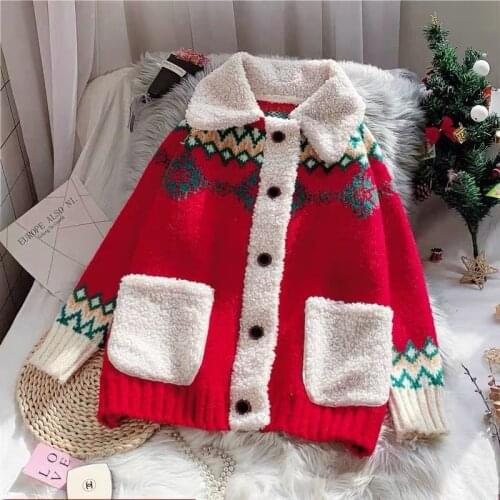 Red Christmas Sweater Cardigan Women Thickened Autumn and Winter 2020 New Loose Pocket Sweater and Lazy Knitted Lapel Jacket