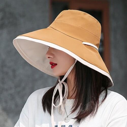 2021 New Fashion Big Brimmed Hat, Solid Color Double-sided Fisherman Hat Summer Simple Lace-up Sun Hat