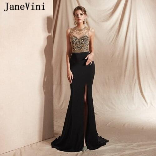 JaneVini Sexy Mermaid Black Long Evening Dresses Sleeveless Luxury Heavy Beading Side Split Satin Formal Party Gowns Lange Jurk