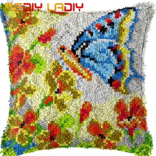 Latch Hook Cushion Blue Butterfly Pre-Printed Canvas Cushion Cover Acrylic Yarn Crocheted Pillow Case Hobby & Crafts Home Decor