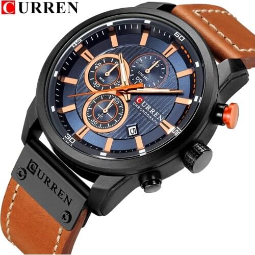 Top Brand Luxury CURREN Men Leather Strap Watch Fashion Sport Chronograph Quartz Wrist Watch Casual Waterproof Outdoor Watch