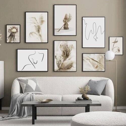 Dried flowers Leaf Plant Nude Figure Line Wall Art Canvas Painting Nordic Posters And Prints Wall Pictures For Living Room Decor