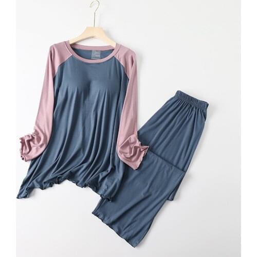 Fdfklak Women Pajamas Sleepwear Set 2021 Spring Autumn With Chest Pad Pijamas Nightwear Two Pieces Modal Pyjamas Suit