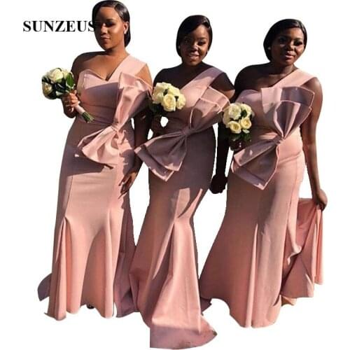 Pink Satin African Women Bridesmaids Dress Mermaid One Shoulder Long Wedding Party Gowns With Bow