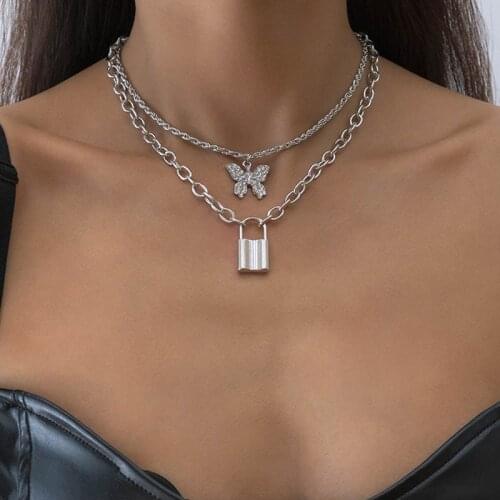 Vintage Fashion Rhinestone Butterfly Lock Pendant Necklaces Women Double Layers Thick Chain Choker Necklace Colar Jewelry Gift