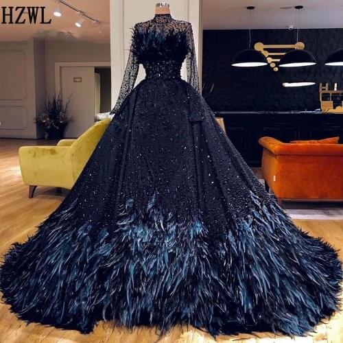 Navy Blue Crystal Beaded Evening Dresses with Feather Illusion High Neck Long Sleeves Saudi Arabic Prom Gowns robe de soiree