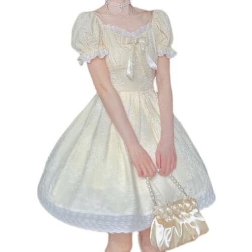 2021 New Japanese Summer Women Lolita Princess Dress Square Collar Bow Jacquard Dress Cute Kawaii Puff Sleeve Lace Ruffles Dress
