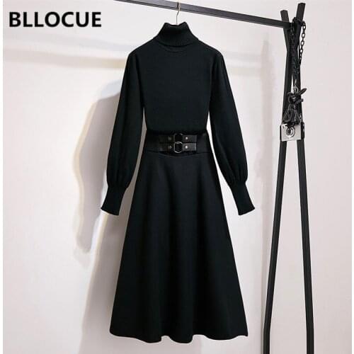 BLLOCUE Winter Luxury Runway Elegant 2 piece Set Women High Collar Knit Pullover Sweater+High Waisted Maxi Skirt Matching Set