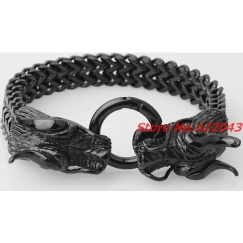 Heavy Dragon Heads Clasp Biker Bracelets Mens Jewelry 316l Stainless Steel Black Tone Figaro Chain Charm Gift 8.6"
