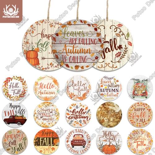 Putuo Decor Fall Round Wooden Sign Autumn Wall Plate Decor Lovely Plaque for Farmhouse Garden Decoration Home Decor Wood Gifts