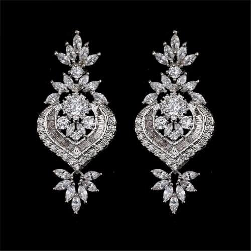Ekopdee Vintage Silver Color Luxury Big Long Geometric Pendant Drop Earrings for Women 2021 Shining Flower CZ Wedding Jewelry